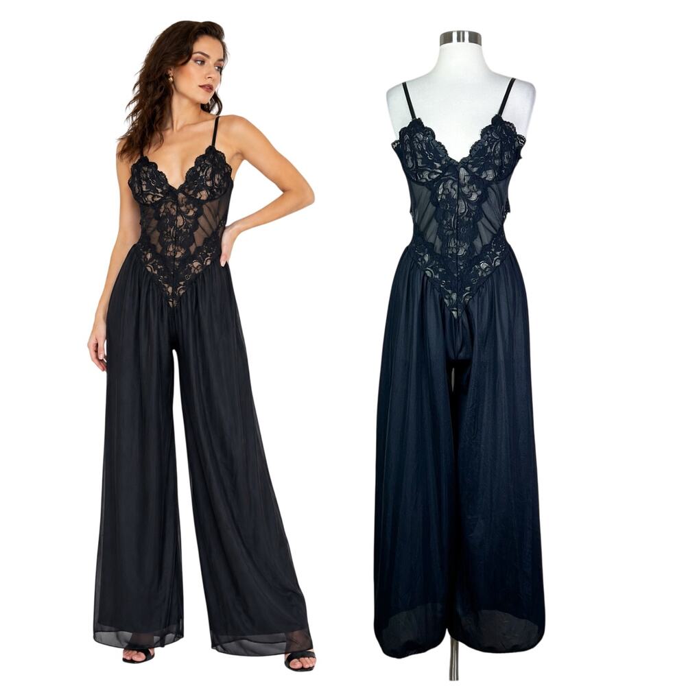 Vintage 80s Andrea Kristoff Escante Black Lace Sheer Wide Leg Lingerie Jumpsuit